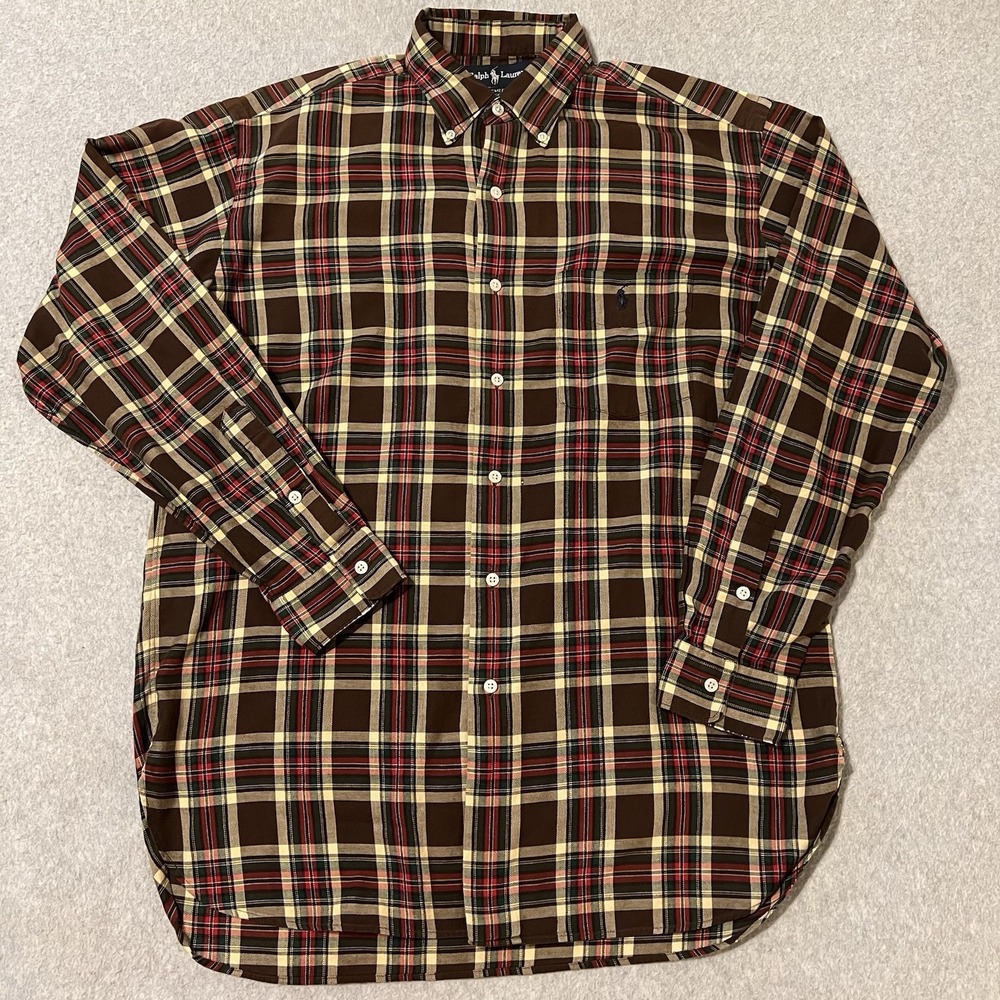 Ralph Lauren Shirt Men's Medium Brown/Green/Red Mcmeel Button Down Christmas 90s